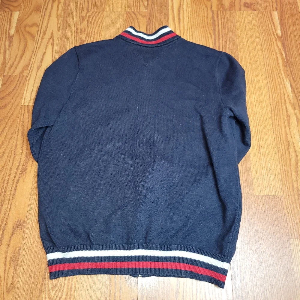 Tommy Hilfiger Blue Full ZIP Knit Sweater Navy With White Red Flag Stripes Sm/P - Picture 9 of 10